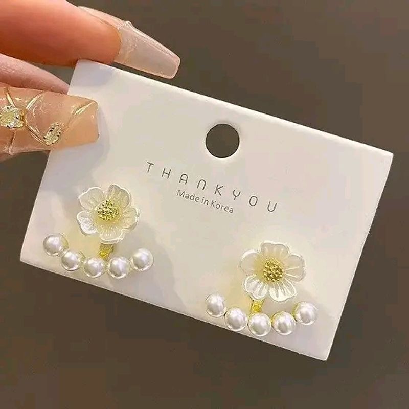 White Pearl &amp; Flower Earrings For Women