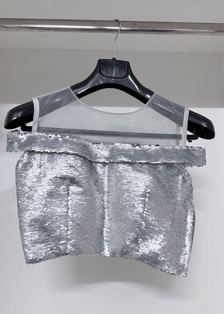 Silver flip‑sequin padded crop top