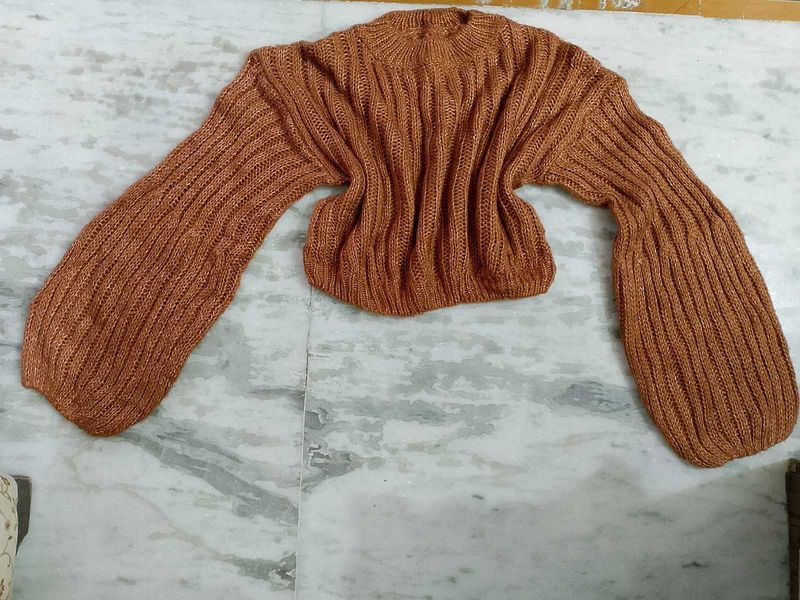 Brown Knit Balloon Sleeve Sweater