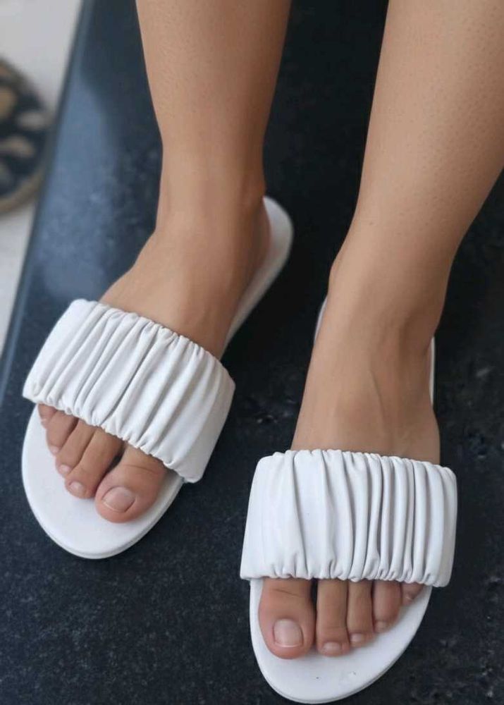 White Ruched Slide Sandals
