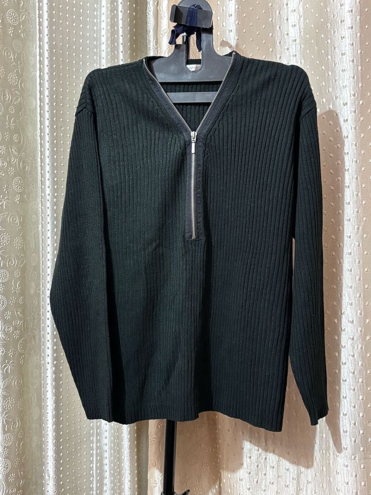 Black Zip-Up Knit Sweater