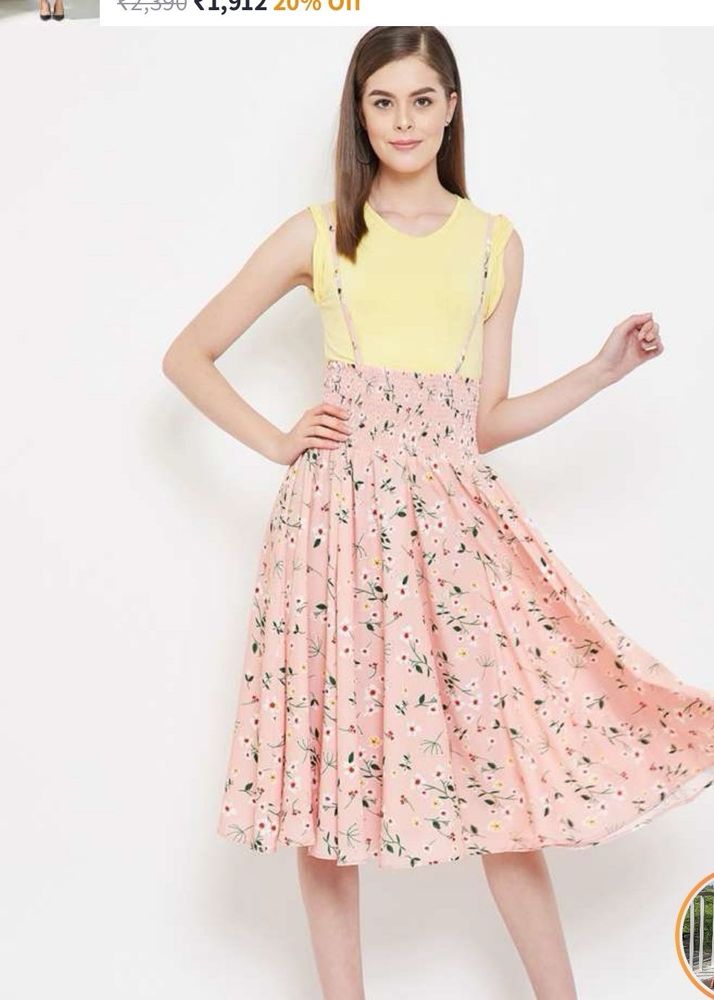 Panit Peach Colored And Green Printed Floral Skirt