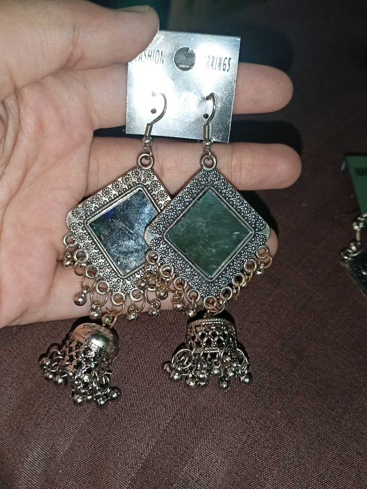 Mirror Oxidised Jhumkas