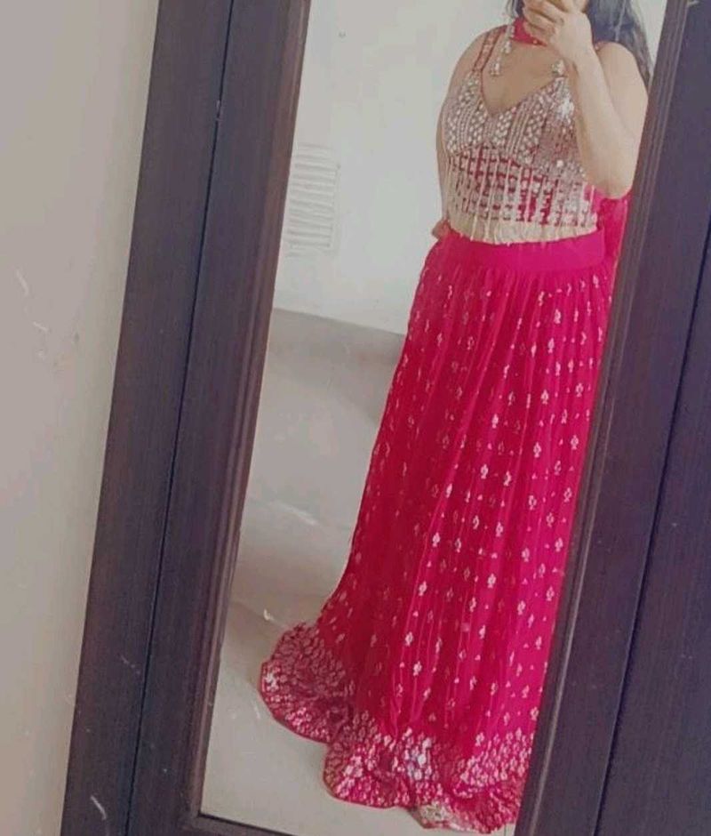 🔥 Karvachauth Offer Hot Pink Mirror Work Lahenga