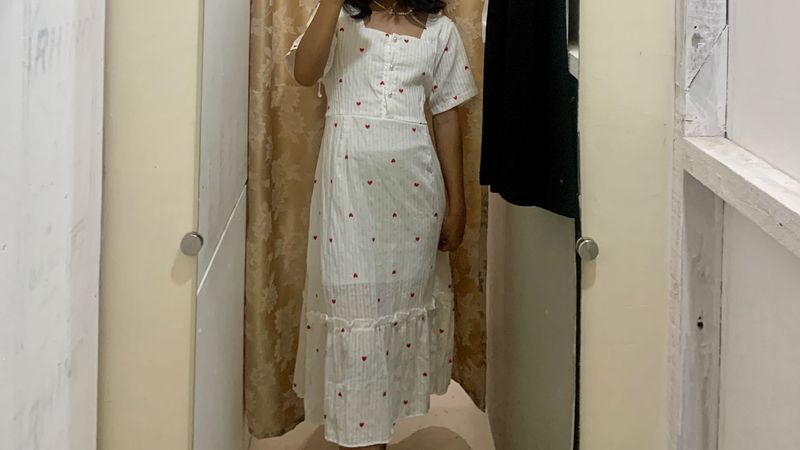 White Heart Print Midi Dress