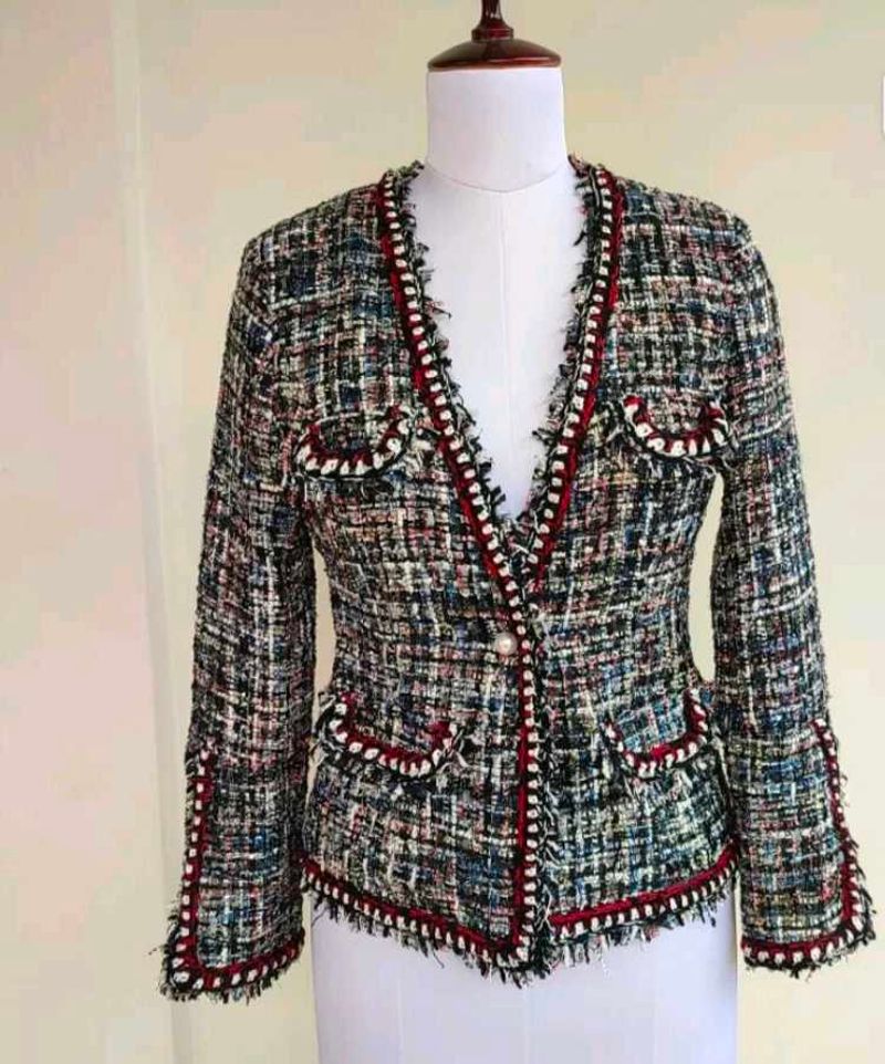 Tweed Blazer with Red Trim And Channel Button