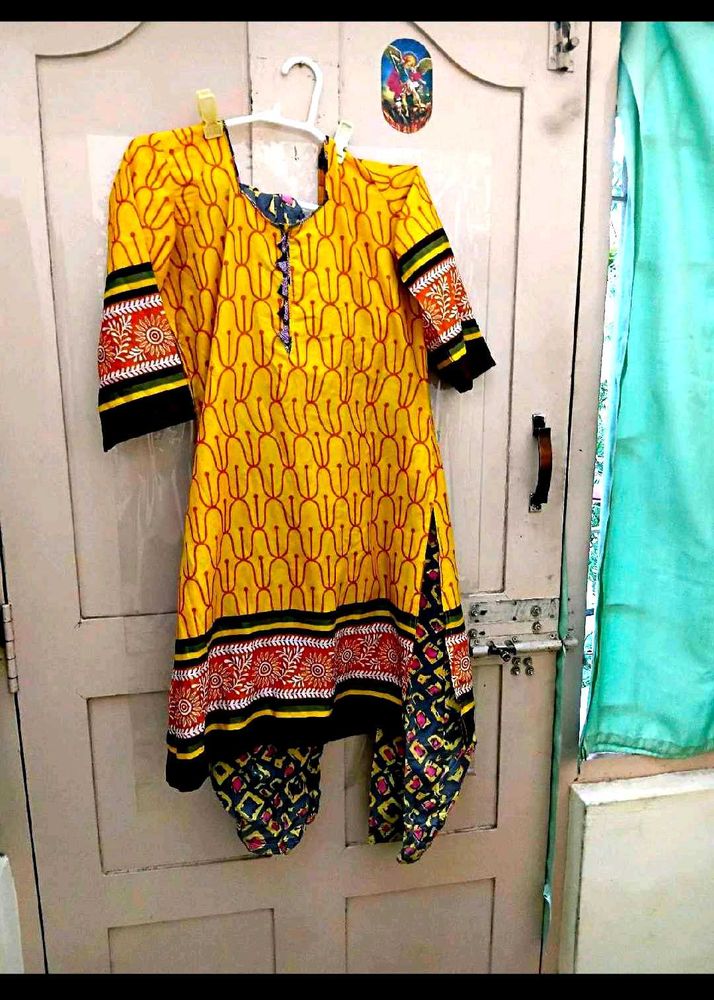 Yellow Printed Kurta With Knot At Back  Tulip Pant