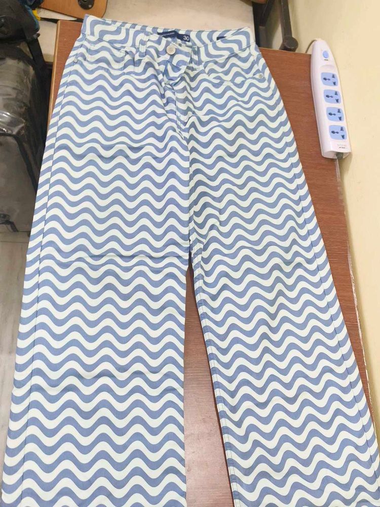 Blue Wave Pattern Wide Leg Jeans