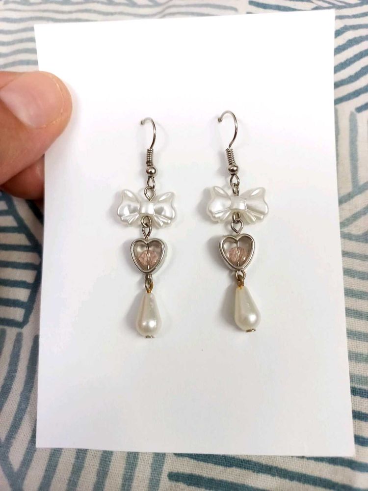 Handmade Pearl Bow Earrings with Heart and Drop