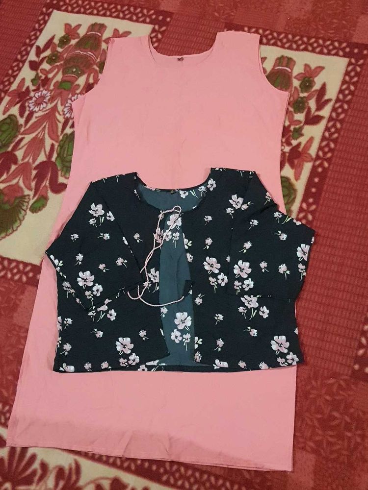 Pink Plain Kurta And Black Basket
