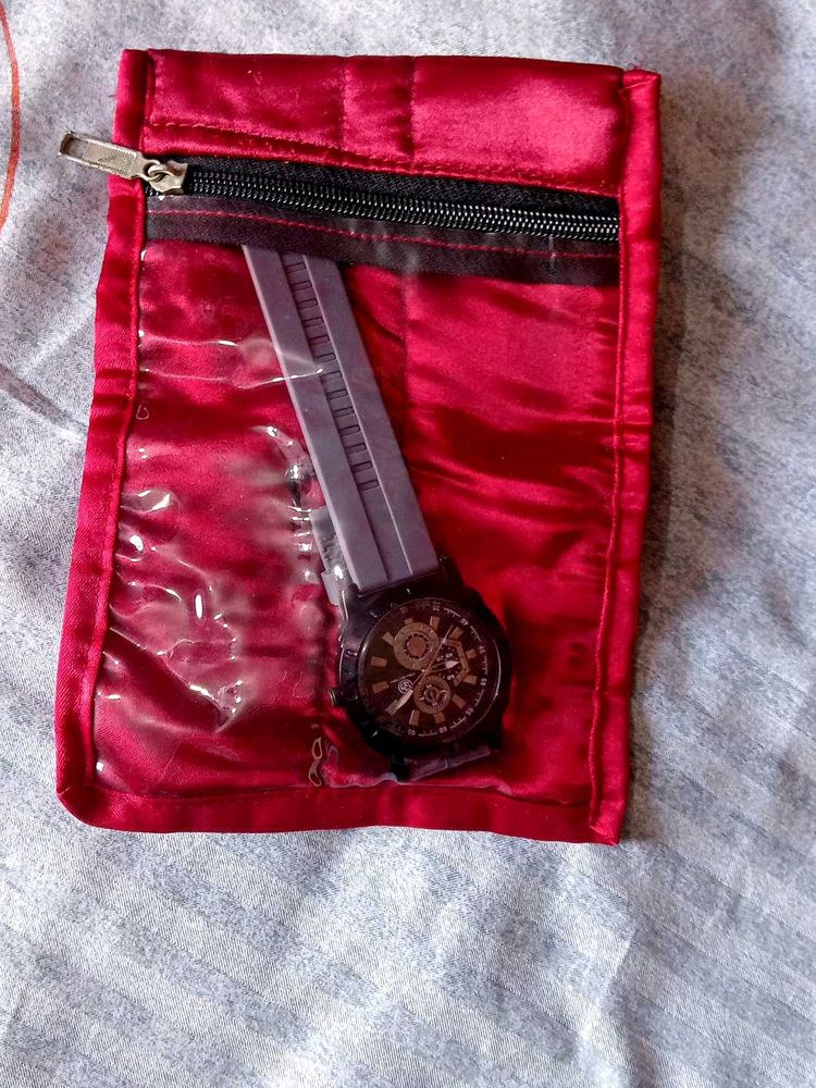 Stylish Watch With Red Pouch