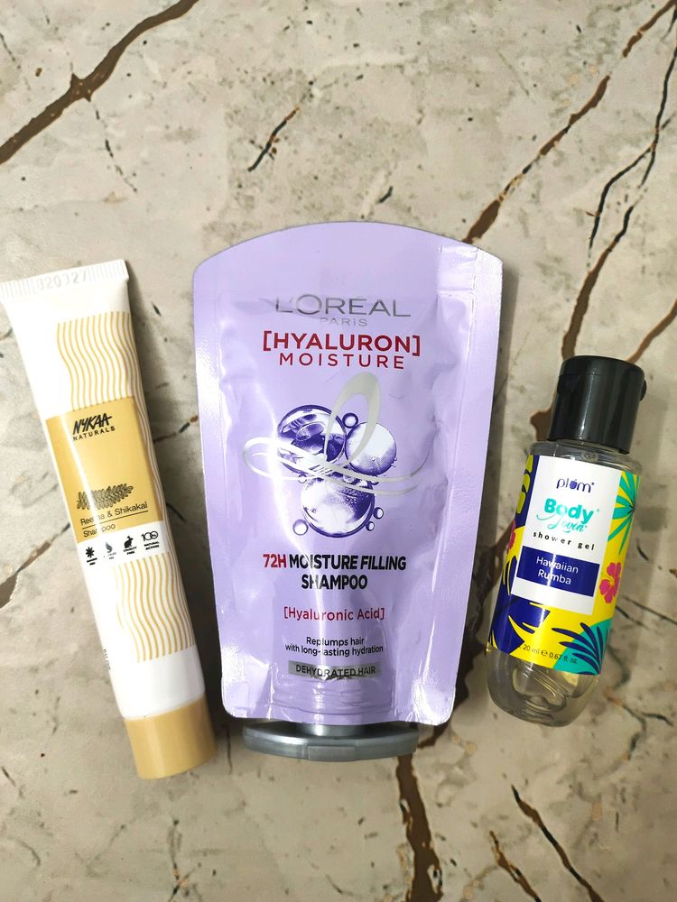 SAMPLE : Nykaa Naturals Shampoo, Loreal Paris Shampoo, Plum Shower Gel