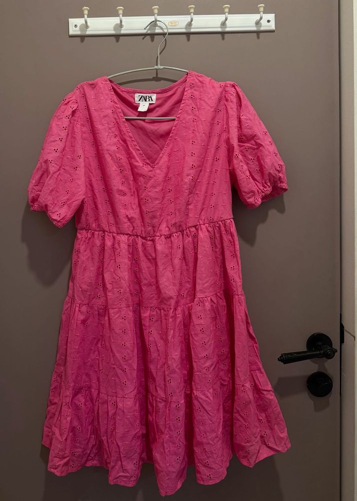 Zara Pink Eyelet Tiered Mini Dress