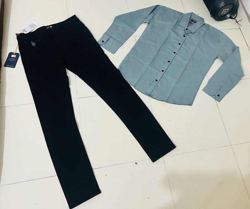 Men&#39;s Casual  US POLO Jeans With Shirt Outfit Set