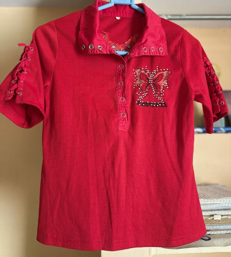 Red Embellished Polo Shirt
