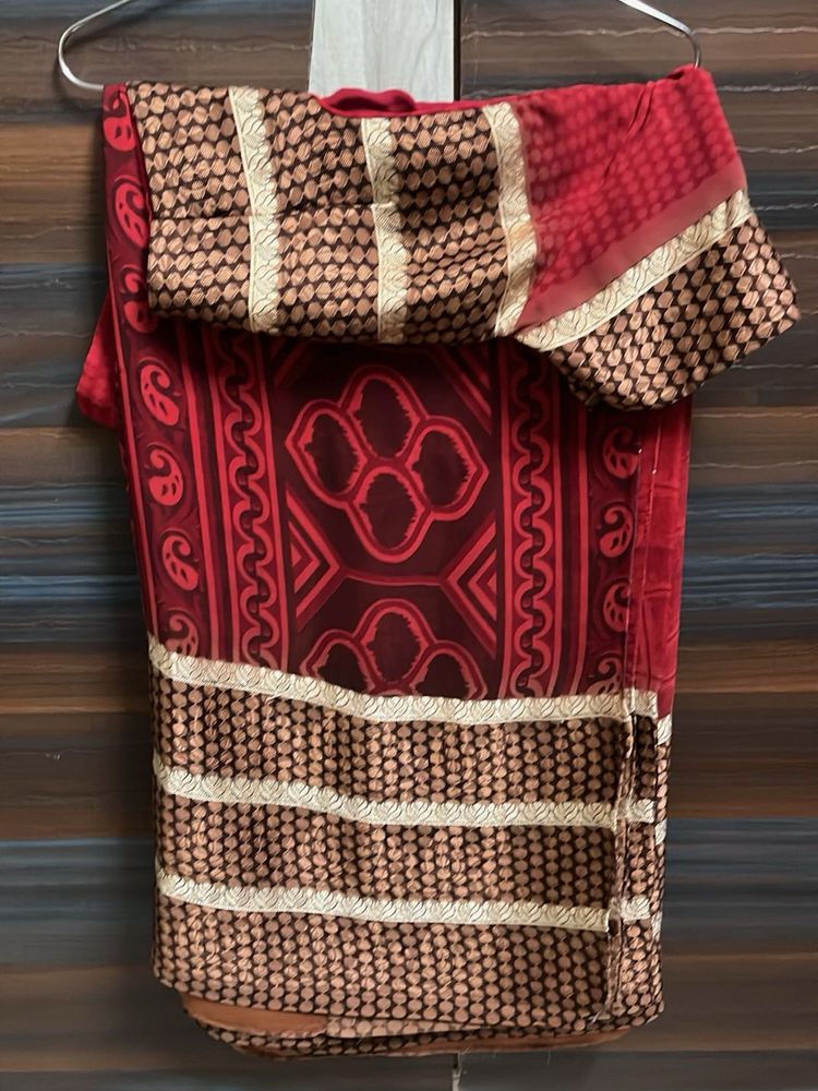 brown and red shade saree with blouse