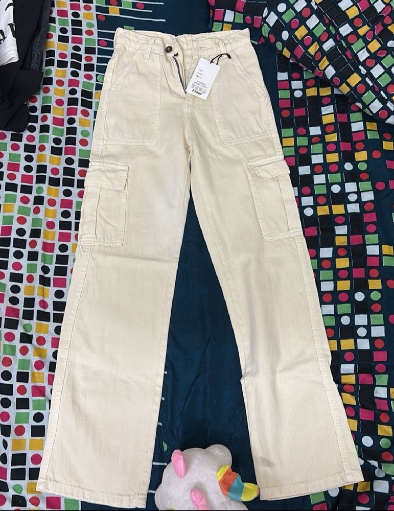 Beige Wide Leg Cargo Pants