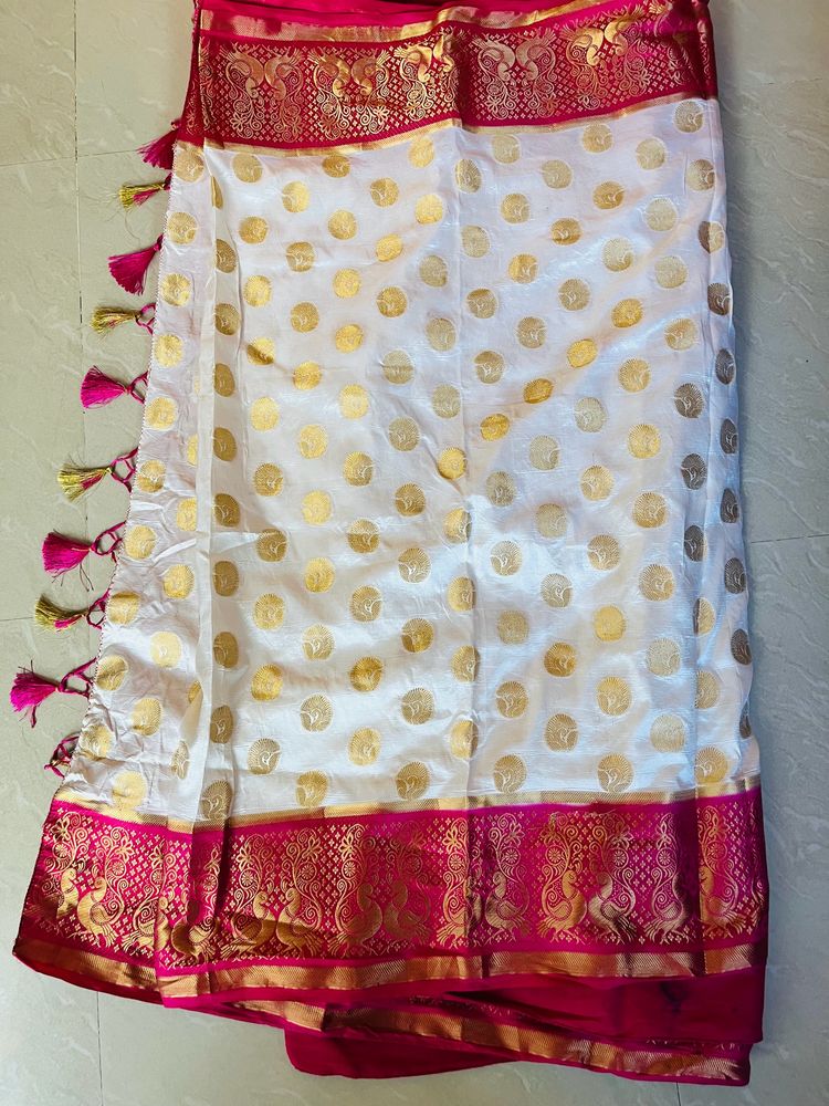 Off White Banarasi Silk Saree With Pink Border
