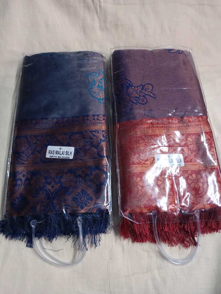 New Ras Malai Silk Saree Set - Blue &amp; Red