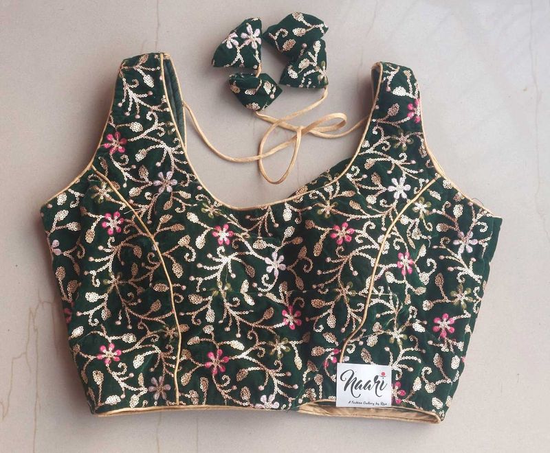 Dark Green Embroidered Velvet Blouse