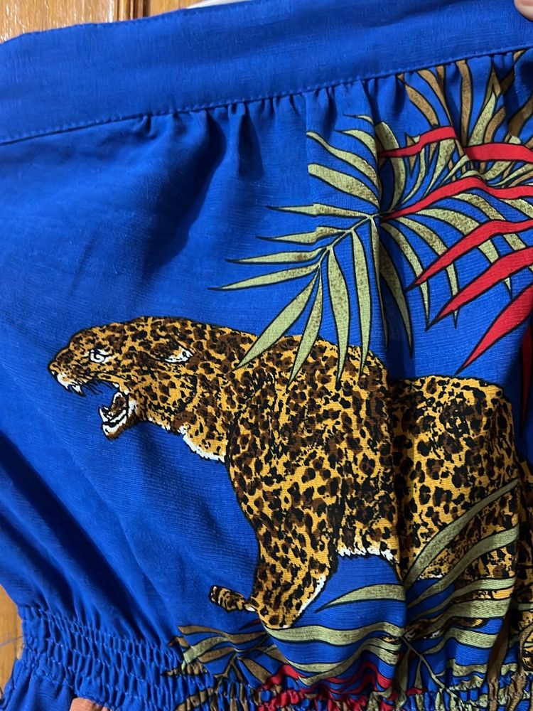 Blue Leopard Beach Palm Print Midi Dress