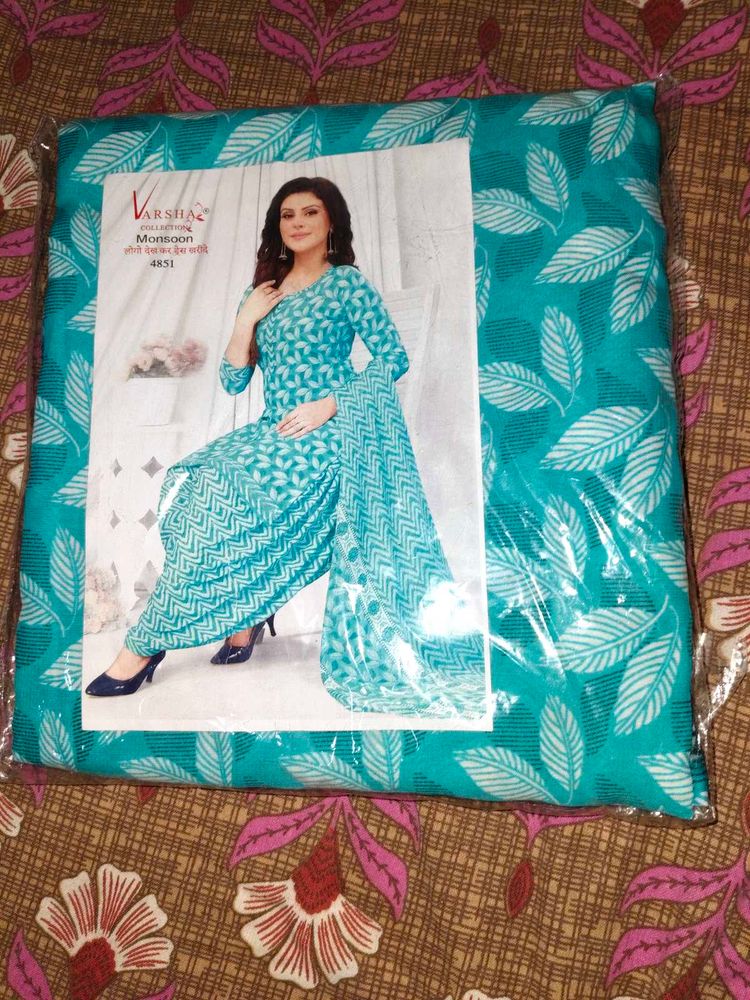 Teal Leaf Print Unstitched Salwar Suit