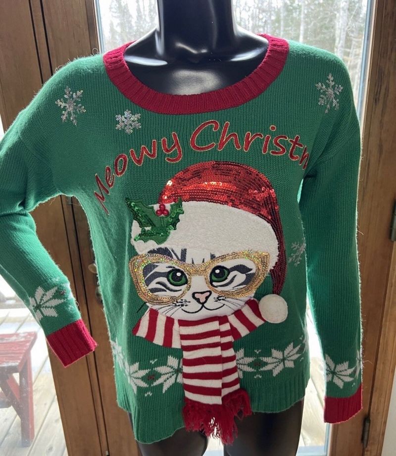 cat and sequins with scarf Christmas Sweater