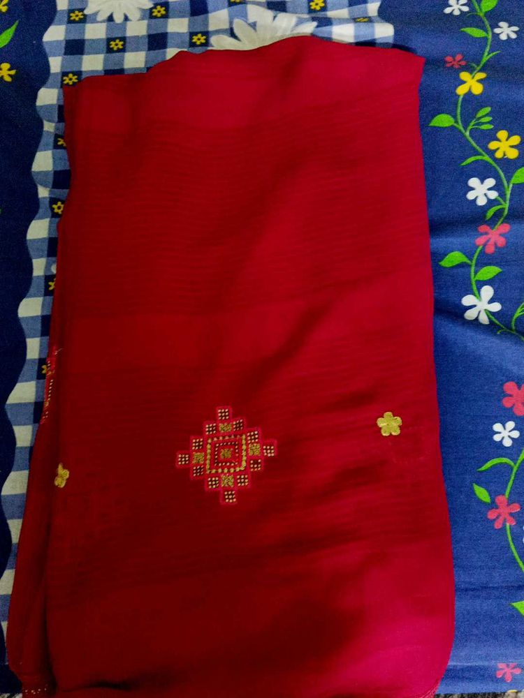 Elegant Red Embroidered Saree