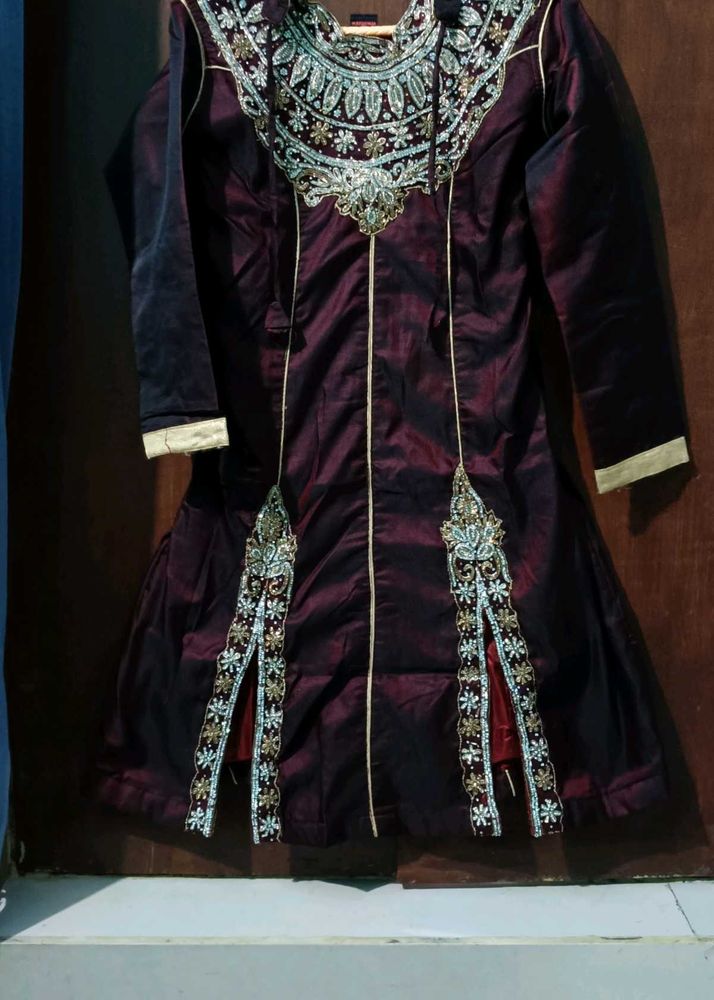 Embroidered Maroon Kurti Combo Two Piece Dress