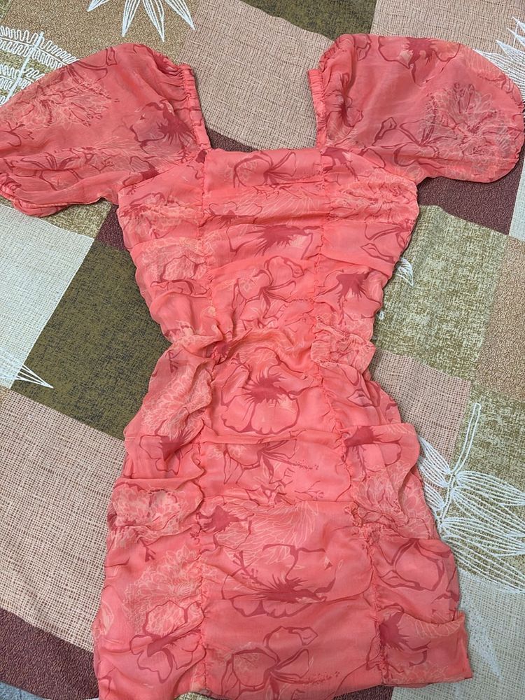 Puff Sleeve Peach Ruched Bodycon Dress