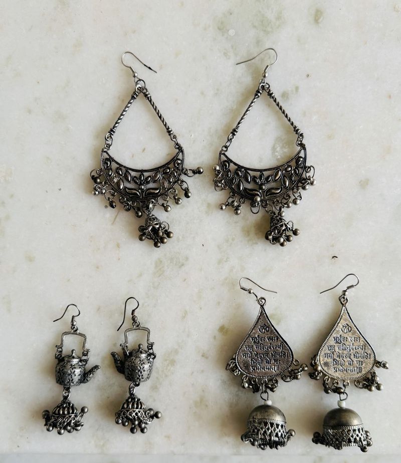 Set Of 3 Oxidised Jhumka Earrings