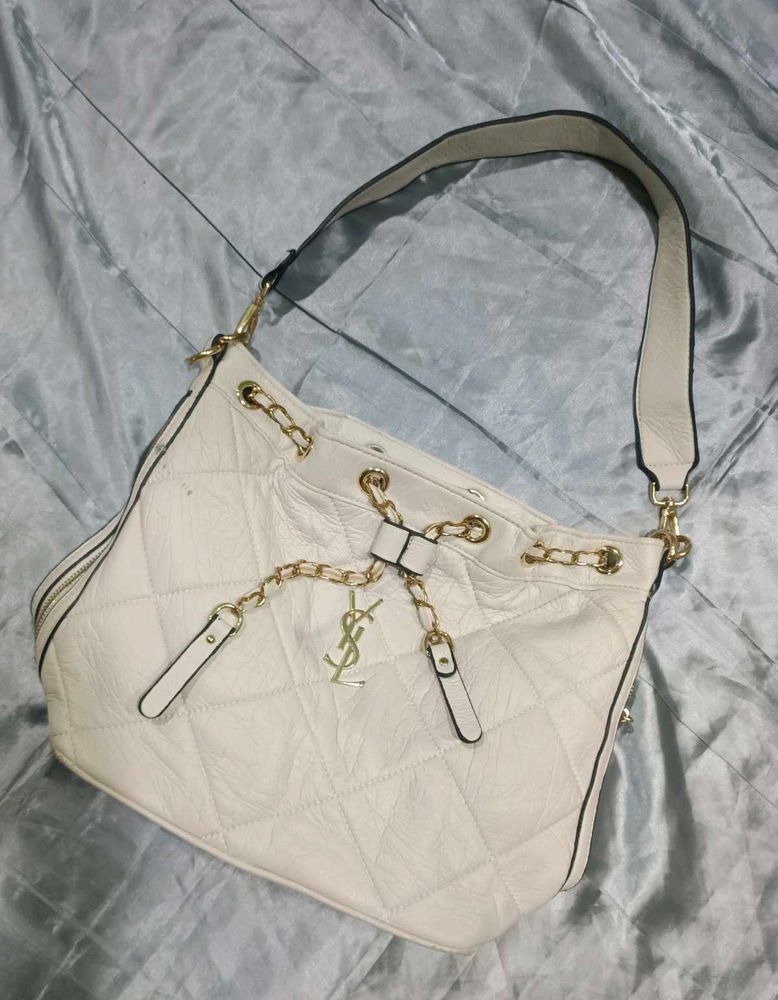 YSL White Quilted Leather Bucket Bag
