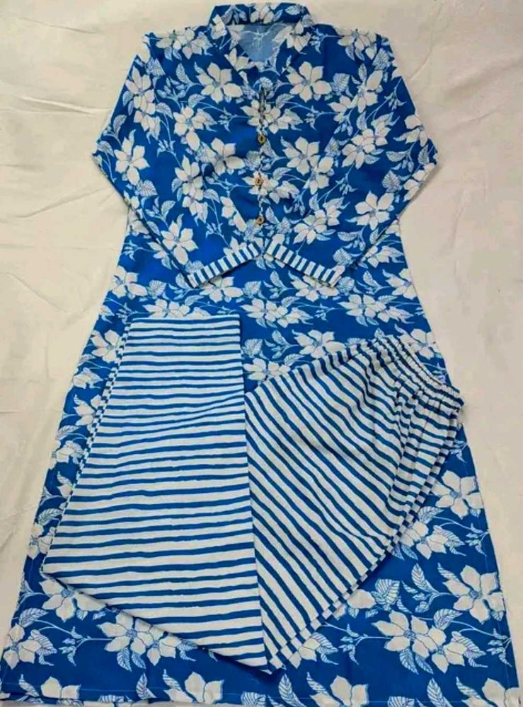Blue Hibiscus Cotton Kurta Set