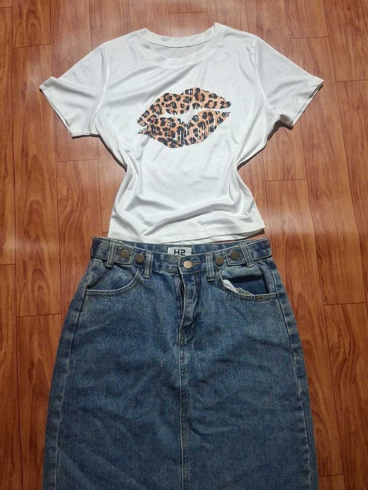 leopard print y2k style tee &amp; jeans skirt combo