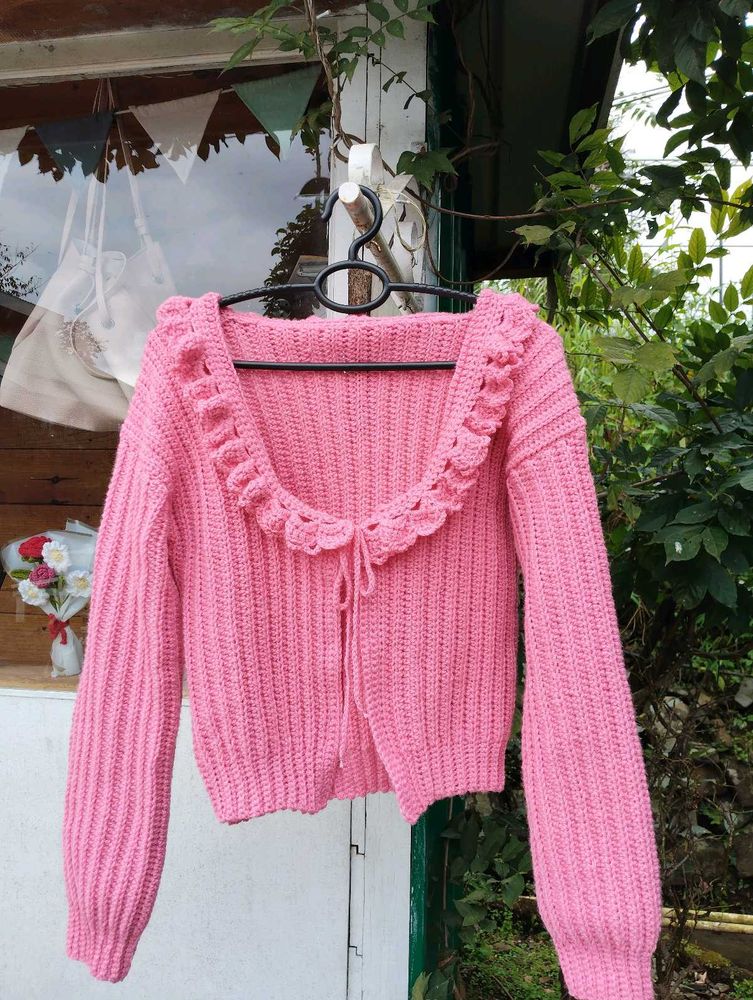 Pink Crocheted Cardigan Sweater
