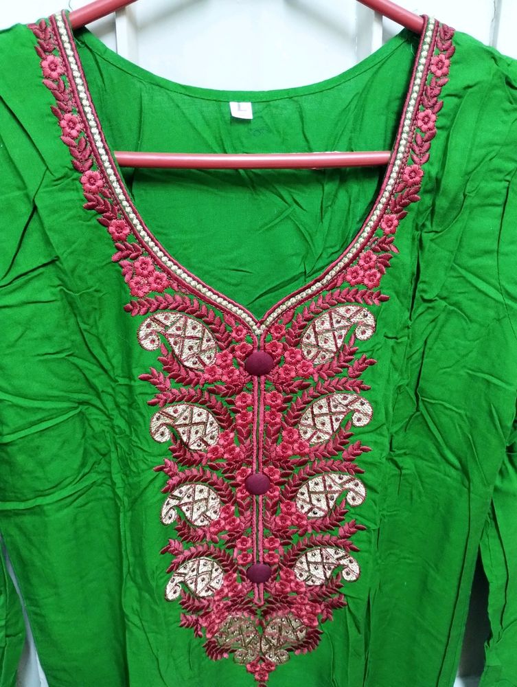 New Green Cotton Silk Kurta With Embroidery
