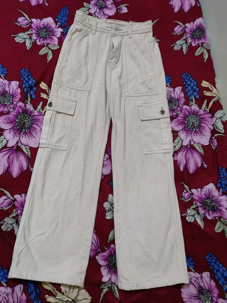Beige Wide Leg Cargo Pants