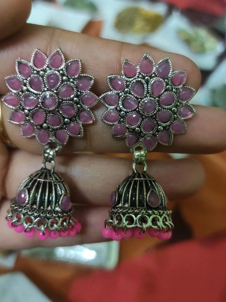 Turquoise Blue And Light Pink Jhumkas