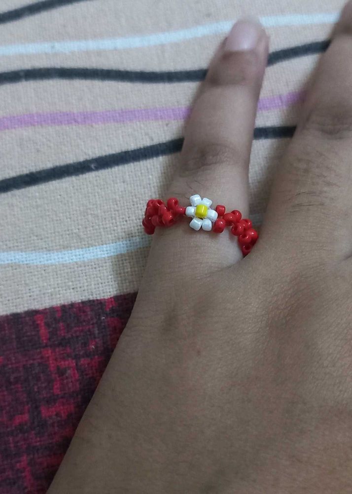 Red Beaded Flower Ring