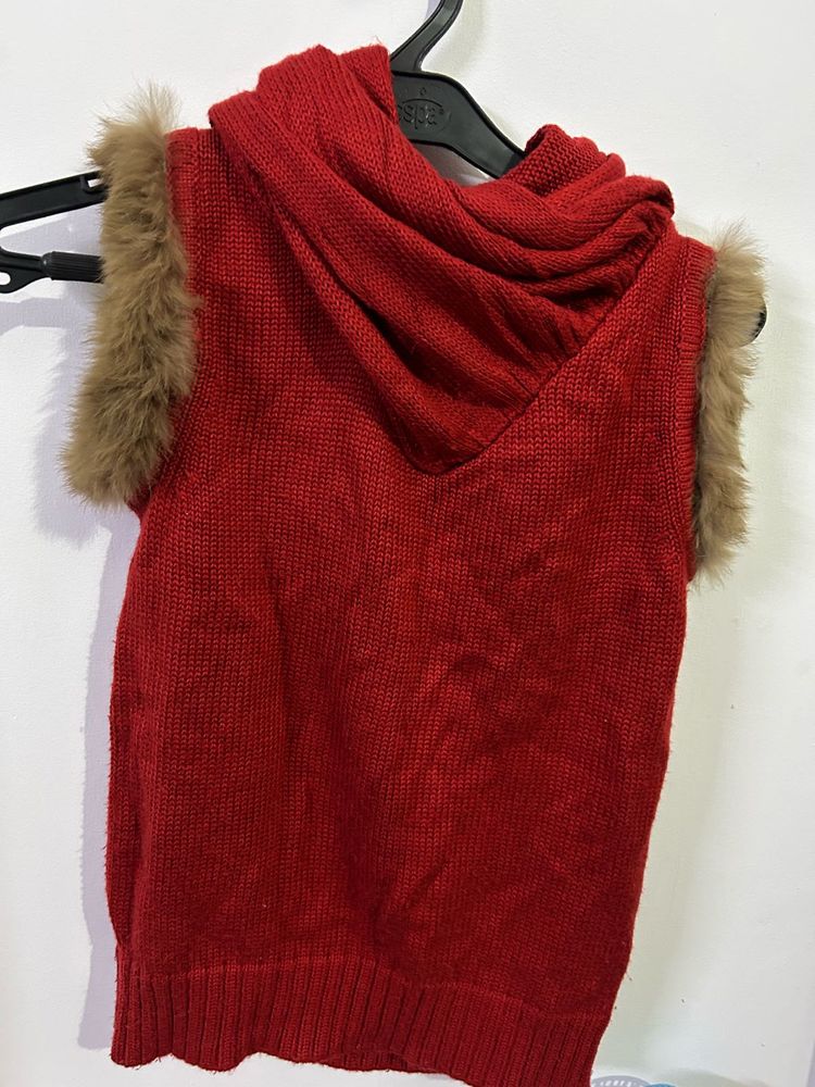 Red Knitted Vest with Fur