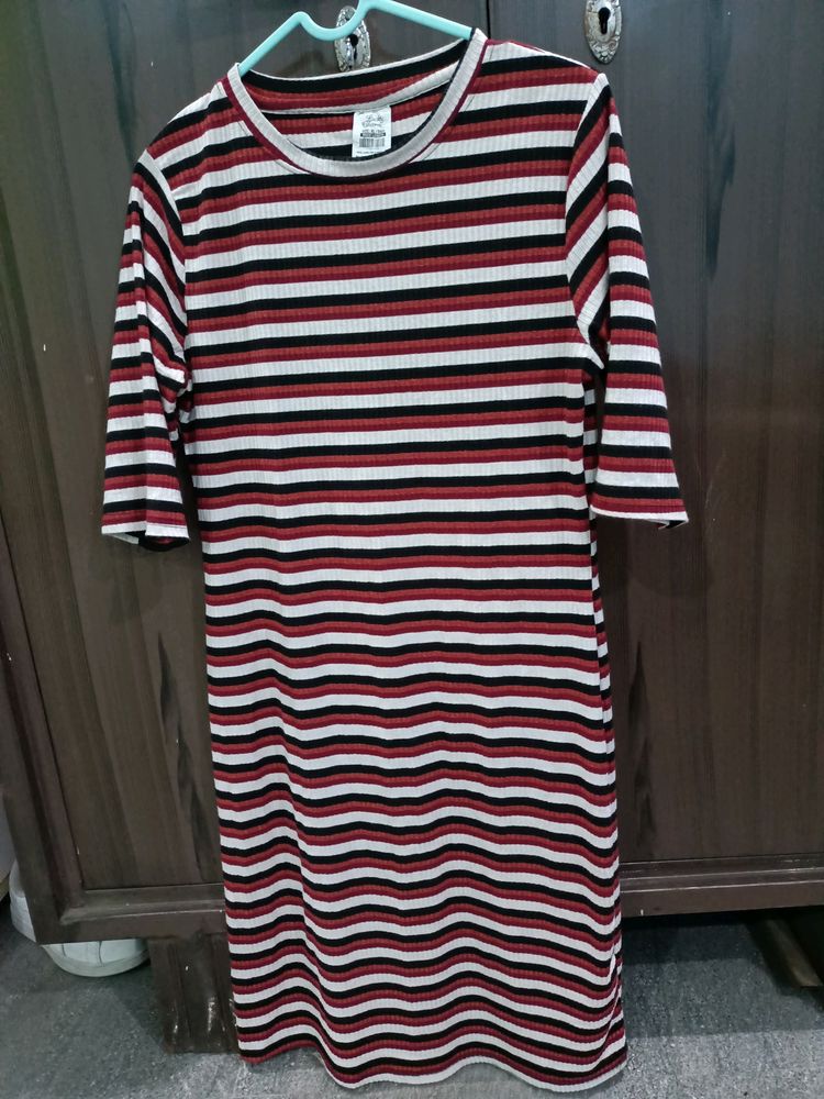 Lucky Charms Knee Length T Shirt Dress, Red Black And White Strips.