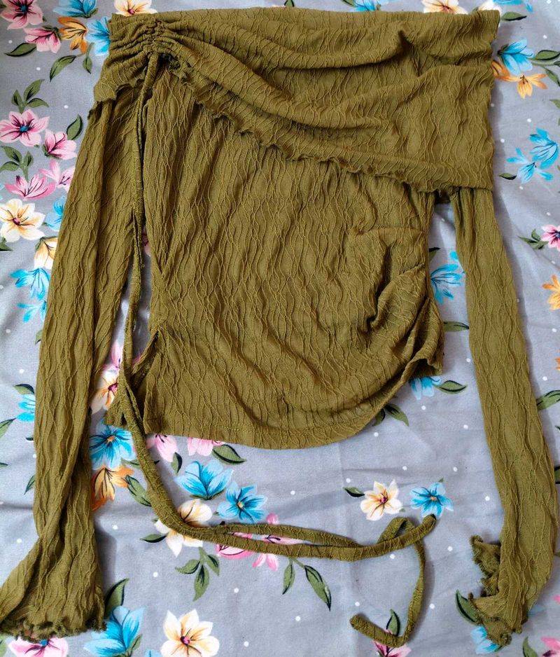 Newme Olive Ruched Off Shoulder Top