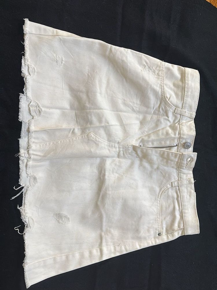 Distressed White Denim Mini Skirt