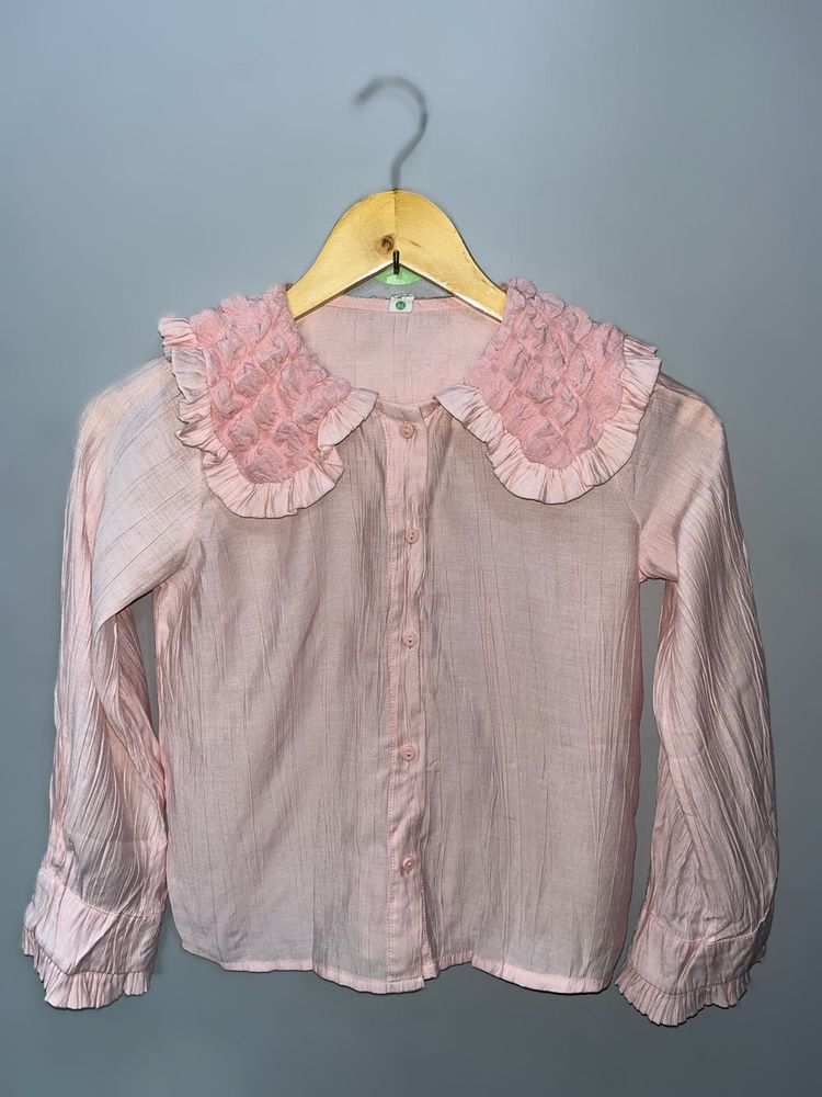 Pink Ruffle Collar Long Sleeve Shirt