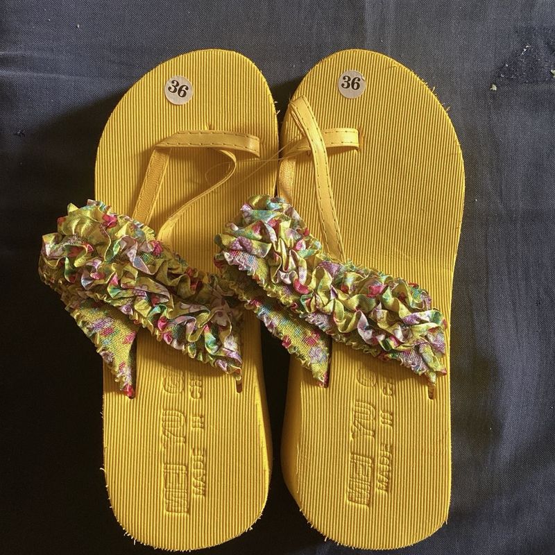 Yellow Floral Flip Flops - Size 36