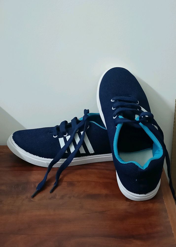 Navy Blue &amp; White Striped Sneakers