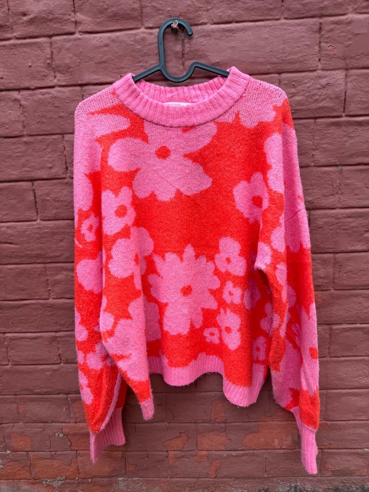 Pink &amp; Red Floral Knit Sweater