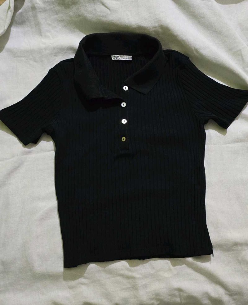 Zara Black Ribbed Polo Top