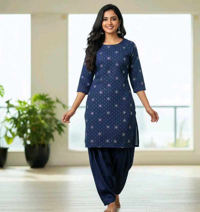 Elegant Navy Blue Printed Kurta Set