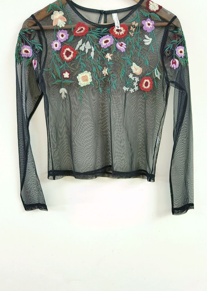 Black Floral Embroidered Mesh  Top